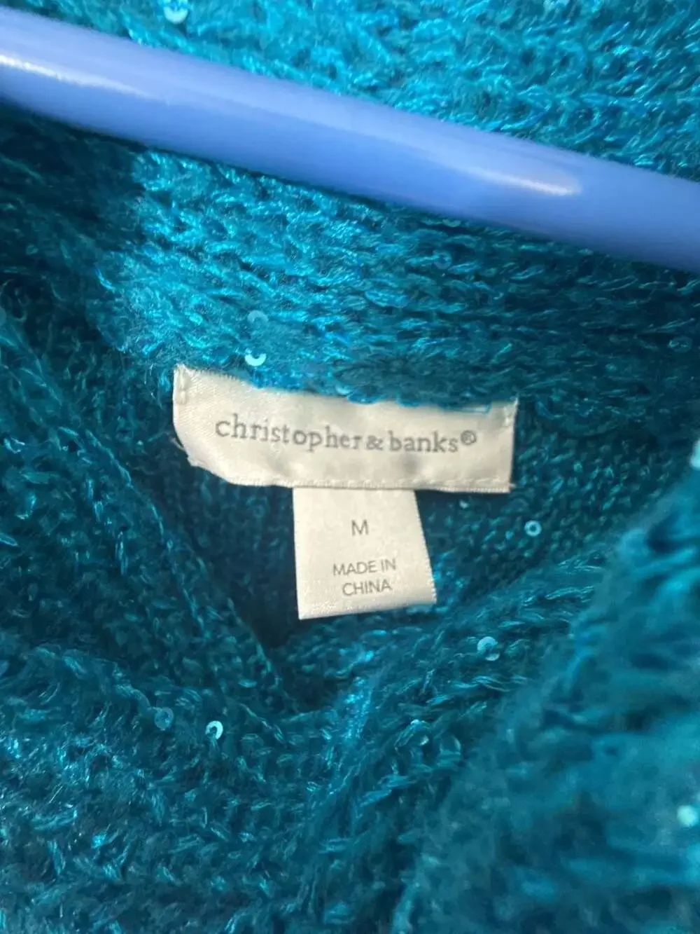 Christopher & Banks Women's Teal Sequin Embellished Cowl Neck Sweater